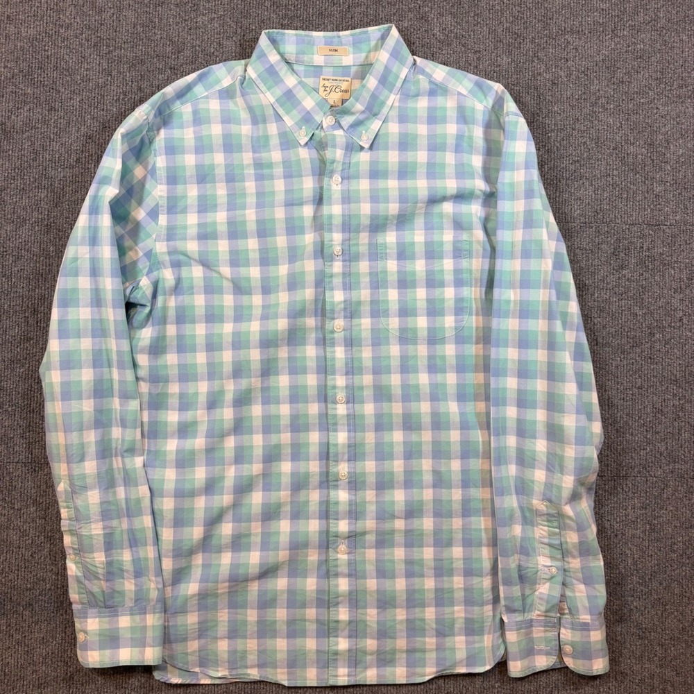 J. Crew Secret Wash Slim Fit Gingham Button Down Shirt Blue Green Large